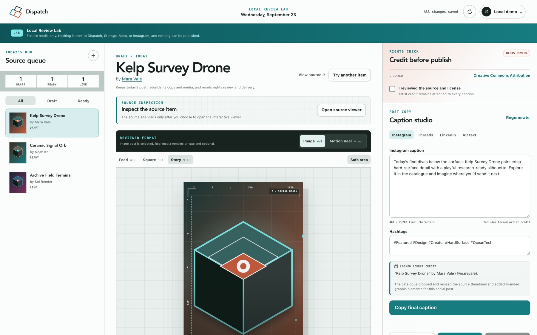 The dashboard with a 9:16 story crop selected, showing a locked source credit block underneath the hashtag field.