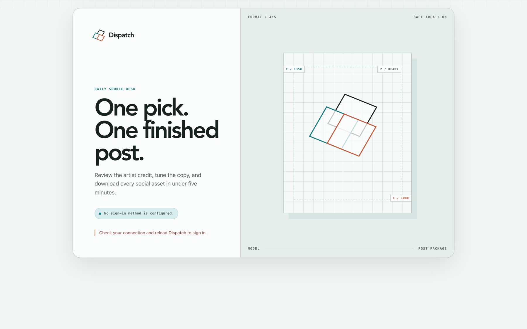 The signed-out screen reading “One pick. One finished post.” beside a technical drawing of a 4:5 format with the safe area enabled.