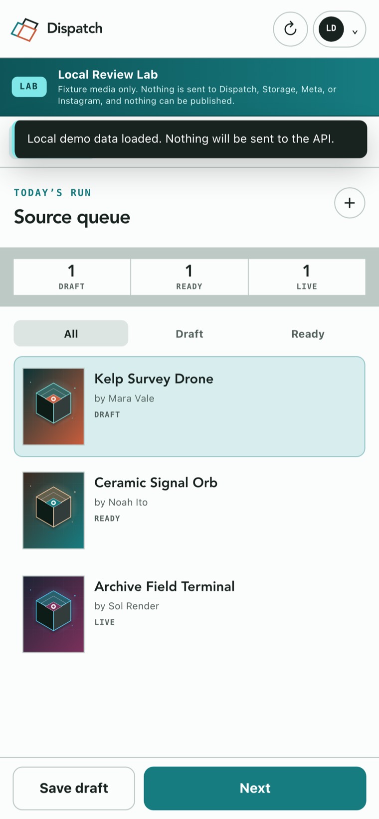 The dashboard at phone width, stacked into a single column with a fixed save and next action bar at the bottom.