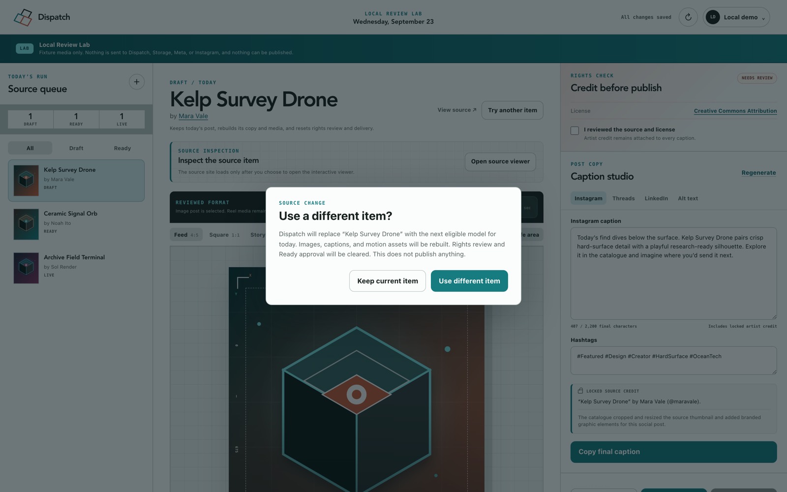 A confirmation dialog asking whether to use a different item, listing what will be rebuilt and what approvals will be cleared.